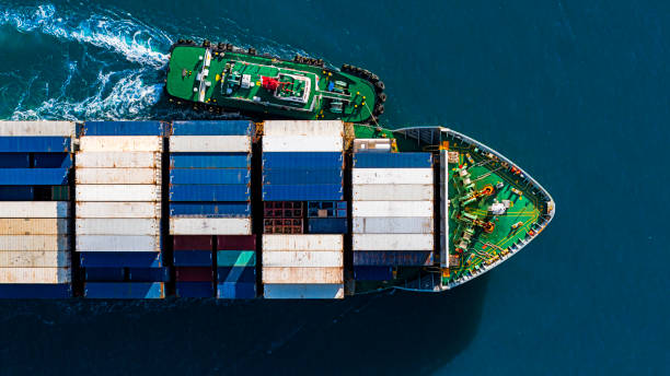 istock Aerial top view of container ship in blue sea. 2188542656