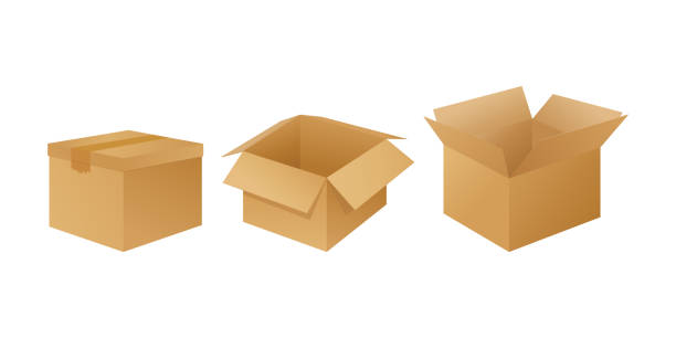 istock Collection of cardboard box mockups. Shipping carton open and closed box with breakable signs 2188543457