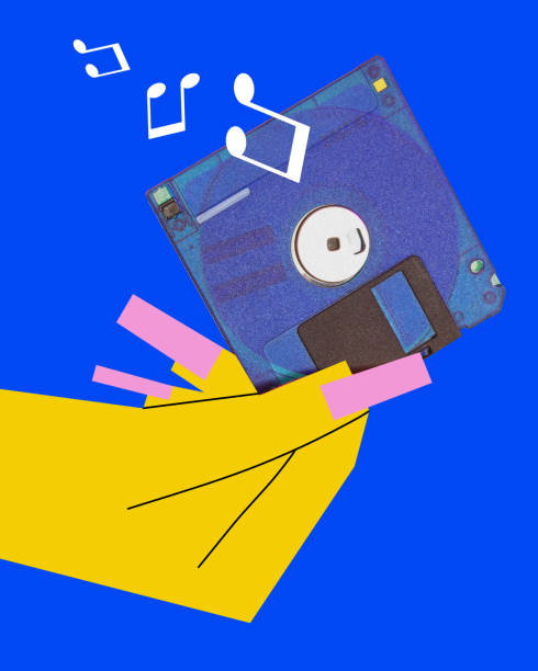 istock Contemporary art collage. Drawn vibrant hand holding vintage disk with floating musical notes. y2K colorful design. 2188544228