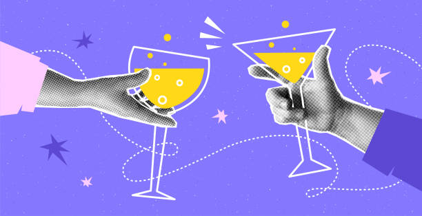 Collage with halftone hands holding New Year glasses with wine, star Collage with halftone hands holding New Year glasses with wine, star. Celebrate event concept vector pop art retro style illustration. Design elements for infographic, poster, website senior birthday card stock illustrations