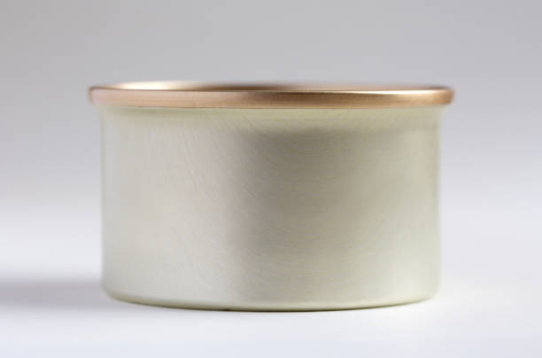 One closed aluminum can of cat food on gray background. Creative concept. Constructor element. mockup