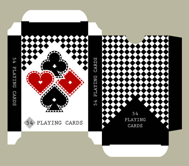 Playing card tuck box template design with suit symbols and chess background in modern style Playing card tuck box template design with suit symbols and chess background in modern style. Vector illustration. blank playing card box stock illustrations