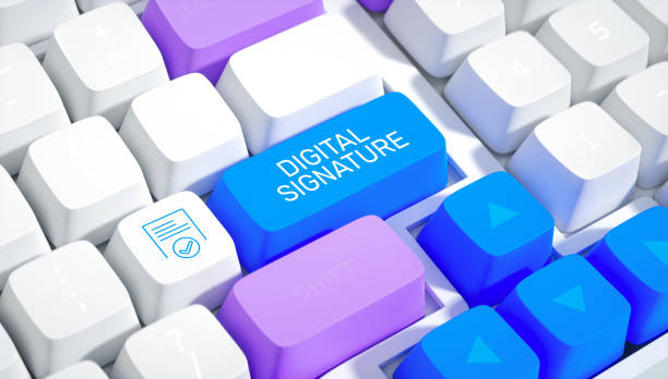 istock Computer keyboard, digital signature key, bright blue button, purple accents, electronic authentication, 3D render. 2188548324