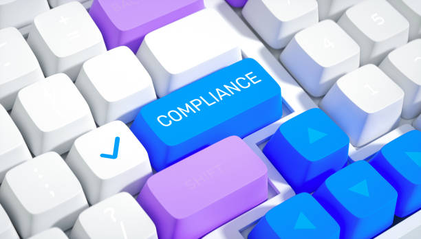 istock Computer keyboard, compliance key, blue and purple keys, minimalist design, business concept, 3D render. 2188548331
