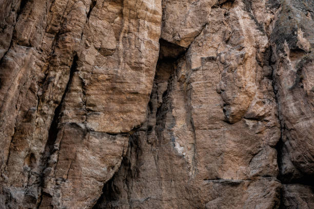A close-up view of a rock formation, showcasing the rough, textured surface of the stone. The rock has various shades of gray and dark brown, with visible cracks and crevices running through it.