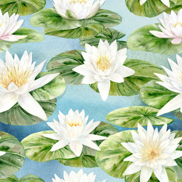 istock Seamless pattern White Lilies. Watercolor illustration of Water Lilies in delicate colors. Hand drawn for greeting cards, textiles, packaging. 2188574674