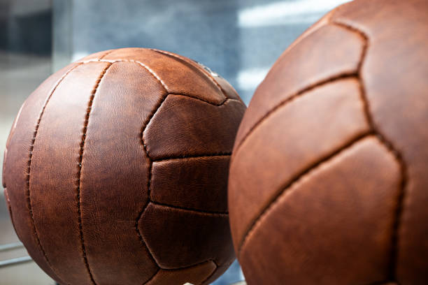 Two leather soccer balls are displayed on a shelf.