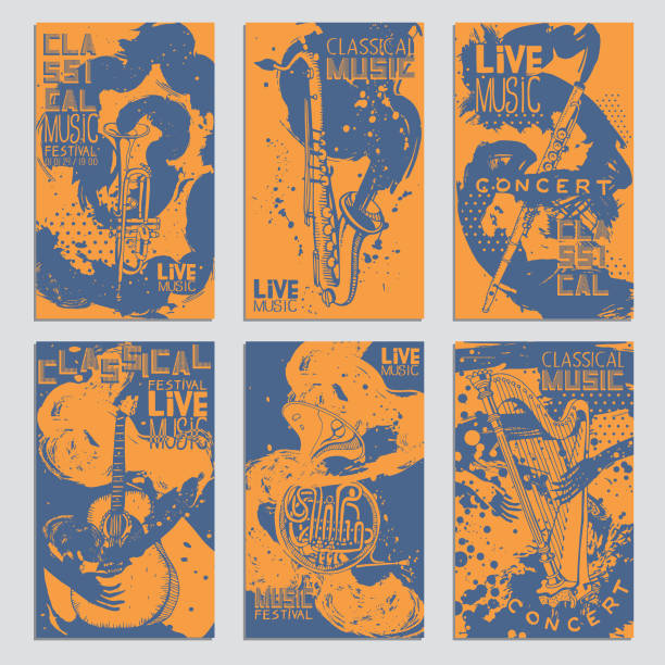 poster ditetapkan untuk festival musik dengan alat musik. ilustrasi yang digambar tangan dengan berbagai tekstur tinta, cocok untuk desain yang semarak dan artistik. - poster konser ilustrasi stok
