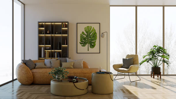 istock Large luxury modern bright interiors Living room mockup illustration 3D rendering image 2188589426