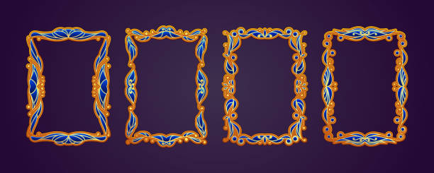 Decorative frame with golden pattern, inlaid with stained glass. Vintage frame template a4 format. Divider, heraldry, curl and vignette, royal luxury, photo frame. Isolated antique vector set.