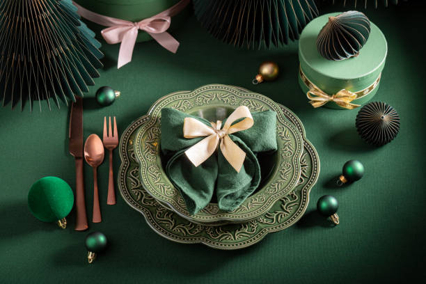 istock Beautiful bottle green Christmas tableware with Christmas decorations. 2188605289