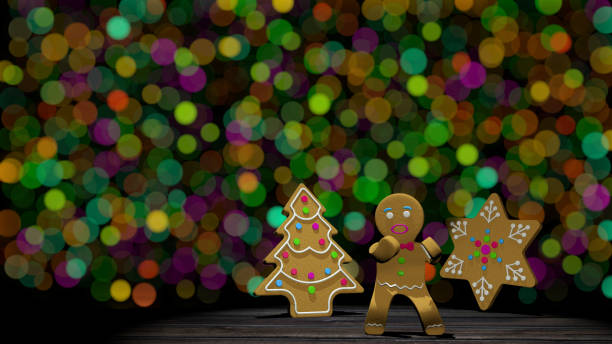 Dancing gingerbread man next to gingerbread cookies in tree and star shape on wooden table against defocused green and orange lights background. 3D Illustration