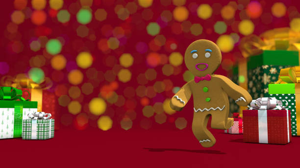 Happy dancing Gingerbread man on red surface with gift boxes against defocused lights background. funny and sweet cookie boy dancing for holiday. 3D Illustration