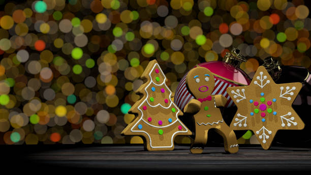 istock Dancing gingerbread man next to gingerbread cookies in tree and star shape on wooden table. 3D Illustration 2188611800