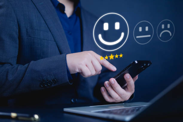 istock Customer satisfaction survey concept. User give five-star rating to service experience, Businessman presses iconphone on the  displayed virtual in front of him, customer, satisfaction, user 2188622760