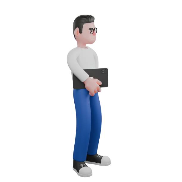 istock Cartoon Character 3D Model Video Editor Design. A Male Video Editor stands facing left with a tablet in his hand, serious expression. Professional Illustration 2188627623