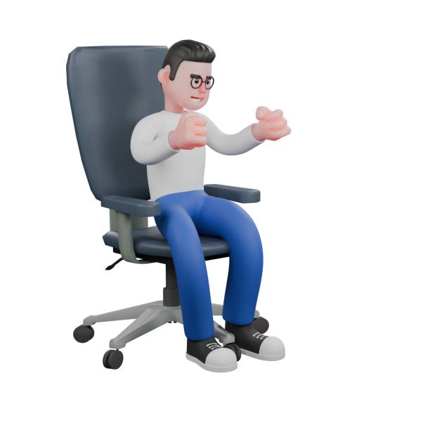 istock Professional Video Editing 3D Cartoon Model. A male video editor sits on a chair with both hands clenched in front, head slightly lowered, wide smiling expression. Illustration Design 2188629374