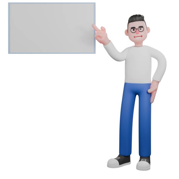 istock Video Editor Cartoon Character for Projects. A male video editor stands next to a whiteboard with his left hand on his hip and his right hand pointing towards the board. 3D Illustration Design 2188629375