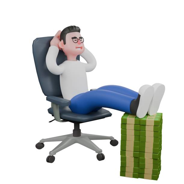 istock Professional Video Editing 3D Cartoon Model. A male video editor sits with both feet on a pile of money, both hands behind his head, calm expression. Illustration Design 2188629429
