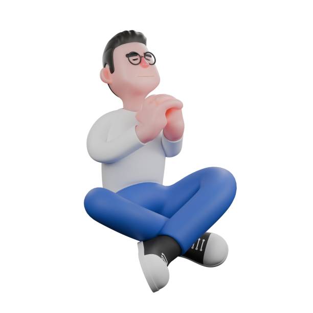 istock Video Editor Cartoon Character for Projects. A Male Video Editor sitting on floor with hands clasped in front of chest, eyes closed, peaceful expression. 3D Illustration Design 2188629465