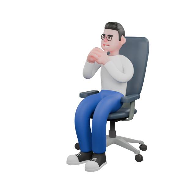 istock Professional Video Editing 3D Cartoon Model. A male video editor sits on a chair with both hands clasped in front of his chest, serious expression. Illustration Design 2188629677