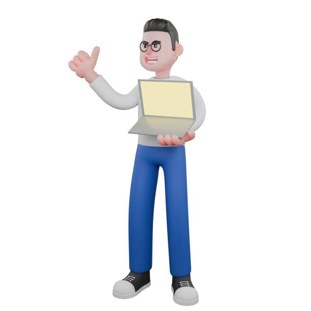 istock Professional Video Editing 3D Cartoon Model. A Male Video Editor standing with a laptop screen in his left hand and a thumbs up in his right hand. Illustration Design 2188633477