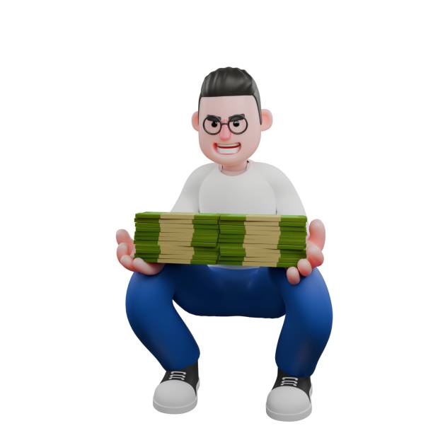 istock Cartoon Character 3D Model Video Editor Design. A Male Video Editor squatting with both hands holding a pile of money, smiling expression. Professional Model 2188633774