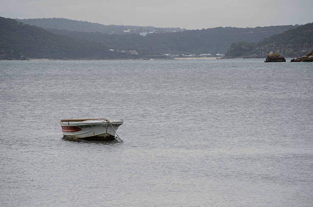 A alone white fishing boat floating on ocean water in evening, to catch fish, vessel, watercraft.