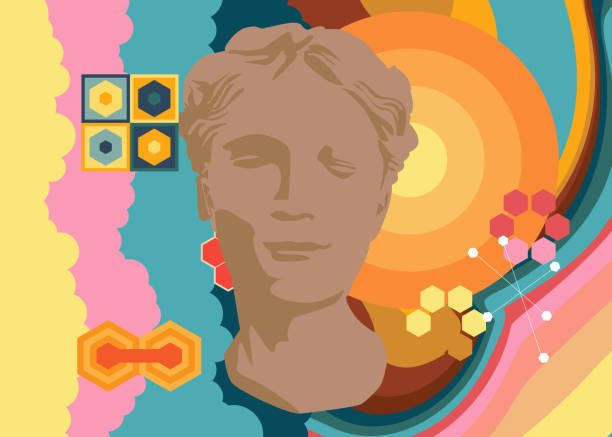 istock Retro 70s Background with Head Sculpture. Groovy Greek style statue. 1970s art template. Minimalistic Vintage design poster. Old-fashioned color artwork. 2188638664