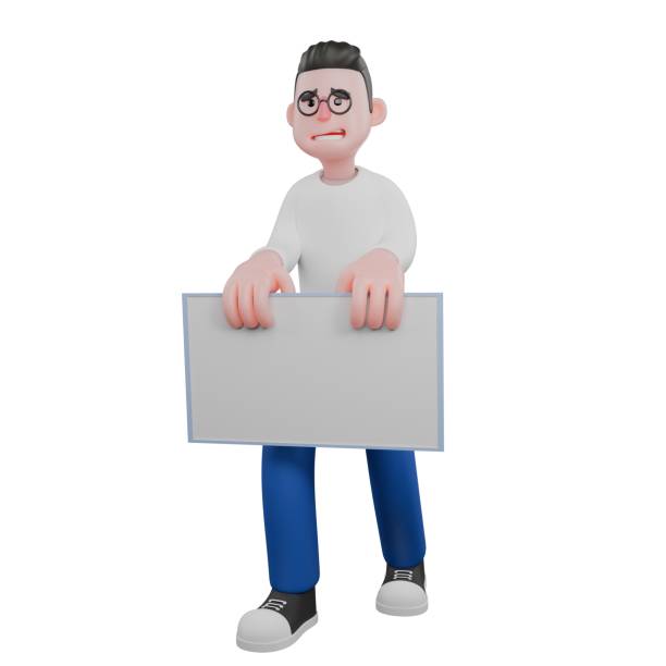 istock Professional Video Editing 3D Cartoon Model. A Male Video Editor walking with both hands carrying a whiteboard, anxious expression. Illustration Design 2188640494