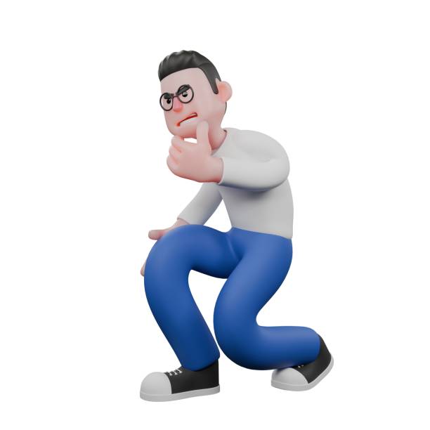 istock Professional Video Editing 3D Cartoon Model. A Male Video Editor crouches with one hand on his chin, a sly smile on his face, eyes narrowed. Illustration Design 2188640533
