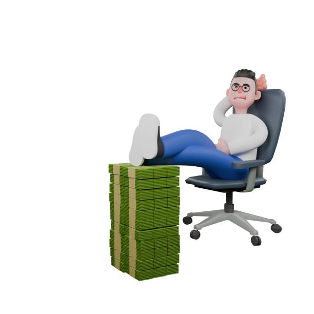 istock Cartoon Character 3D Model Video Editor Design. A Male Video Editor sits with one hand behind his head, feet on a pile of money, arrogant smile. Professional Model 2188640611