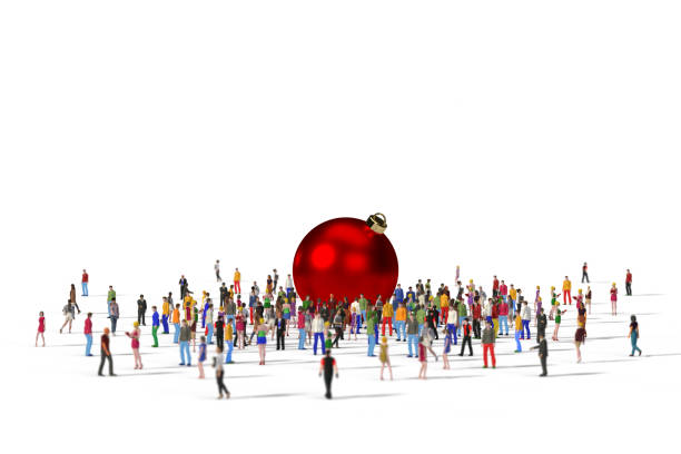 3D rendered peole gathered and stand around the big Christmas ornament on white background. Large copy space.