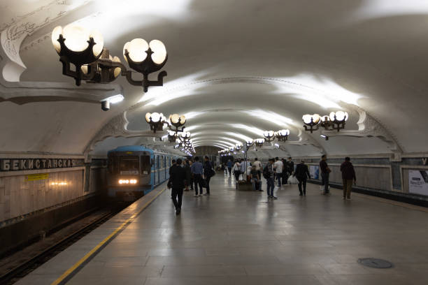 Tashkent, Uzbekistan, October 4 2024:  a cotton boll shaped pendant light in Ozbekiston. Tashkent metro built in the former USSR, opening in 1977, and the first metro in Central Asia