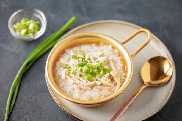 Dakjuk. Korean rice chicken porridge with spring onions