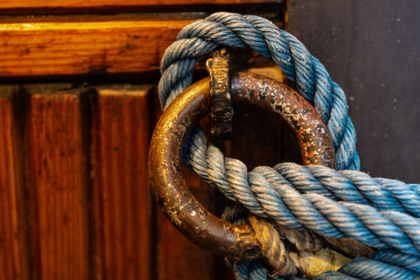 View on bollard in the port with mooring lines