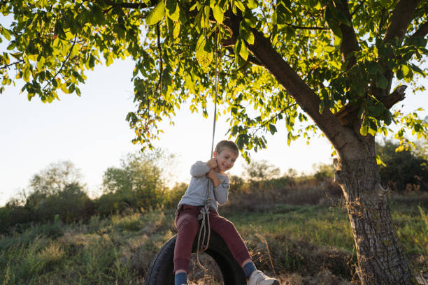 Portrait of a playful, little boy enjoys beautiful springtime day on a tire swing attached to a tree in the field