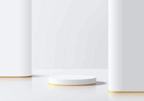 istock 3D white cylindrical podium background with white partition wall scene. Minimalist mockup pedestal. Abstract stand product display presentation. Stage for showcase. Platforms geometric vector design. 2188668173