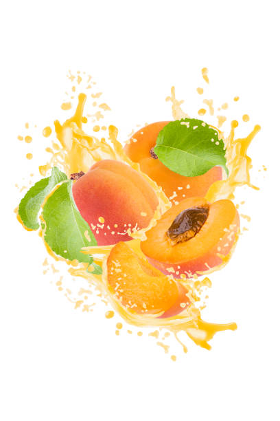 istock Peach pieces with peach juice, green leaves, drops, splashes, flows fly on white background, isolated. Summer fresh fruits, drink for advertising, label product, branding, flyer, card, poster, design. 2188674865