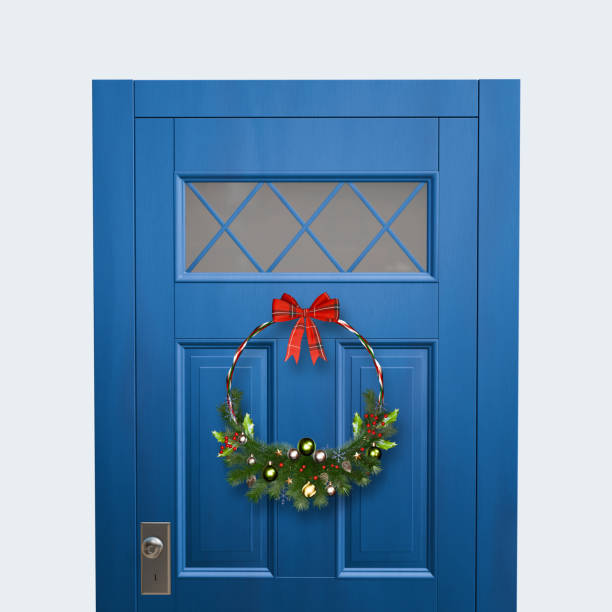 istock Christmas wreath hanging on residential door. 3D render. 2188676596