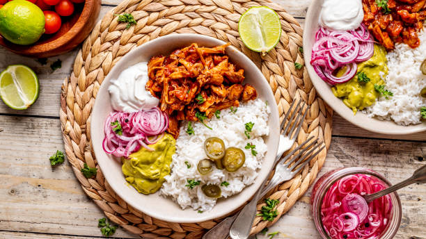 istock Chicken taco bowl with rice, top view 2188684724