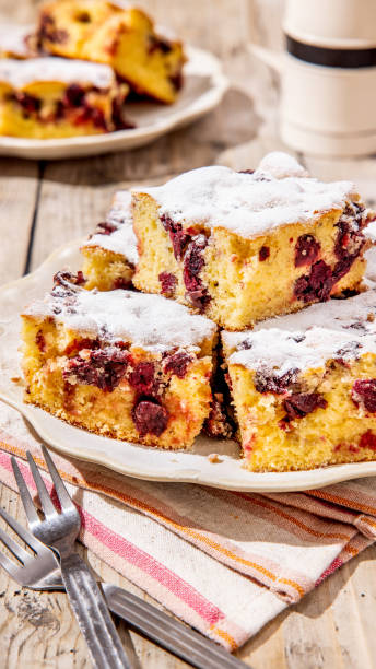 istock Yellow sponge cake with cherries cut in square pieces 2188686761