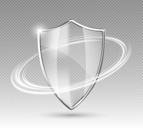 transparent glass protection shield with glow effect. safeguard sign. security concept. vector illustration - schützen stock-grafiken, -clipart, -cartoons und -symbole