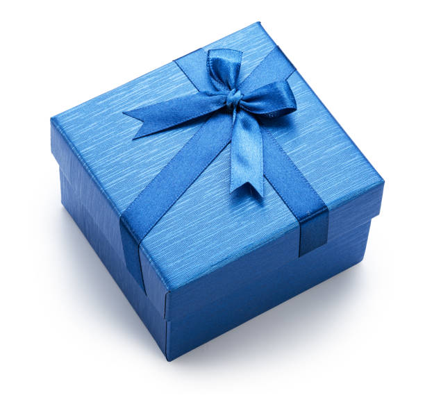 istock Blue gift box with satin bow, top view, isolated on white background. File contains clipping path. 2188691499