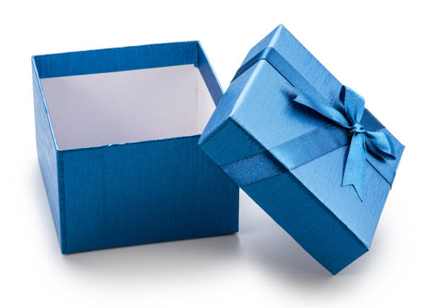 istock Opened blue gift box and lid with satin bow near it isolated on white background. File contains clipping path. 2188691507