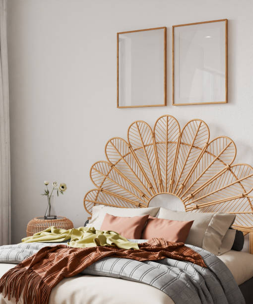 istock two frame mockup, bedroom cozy farmhouse style home interior, bed empty headboard wood pattern and wall background. room 3D render 2188714608