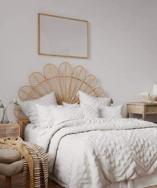 istock frame mockup, bedroom cozy farmhouse style home interior, bed empty wood pattern and wall background. room 3D render 2188714614