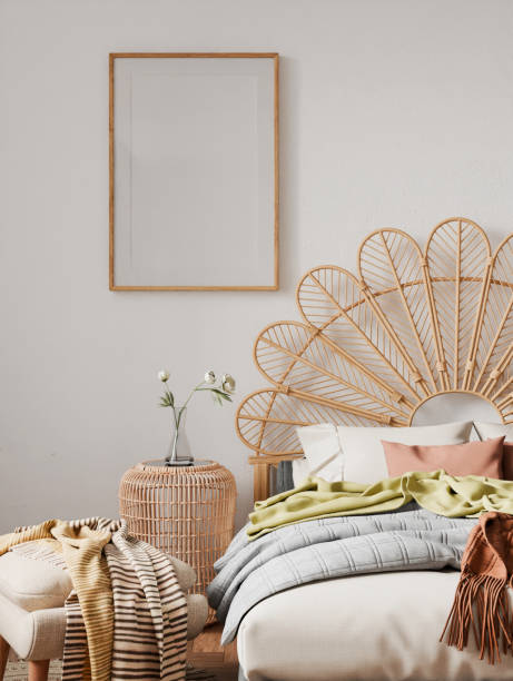 istock frame mockup, bedroom cozy farmhouse style home interior, bed empty headboard wood pattern and wall background. room 3D render 2188714619