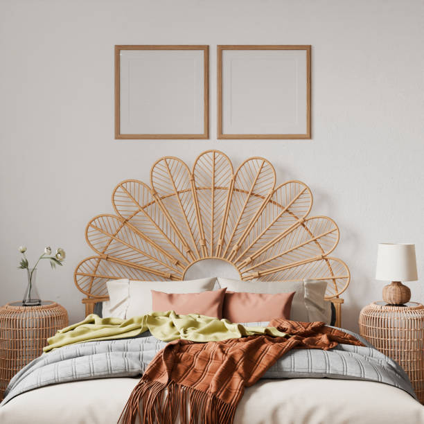 istock two frame mockup, bedroom cozy farmhouse style home interior, bed empty headboard wood pattern and wall background. room 3D render 2188714621