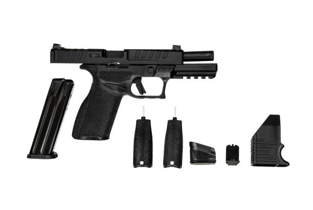 istock Modern semi-automatic pistol isolate on a white background. Armament for the army and police. Short-barreled weapon. 2188715963